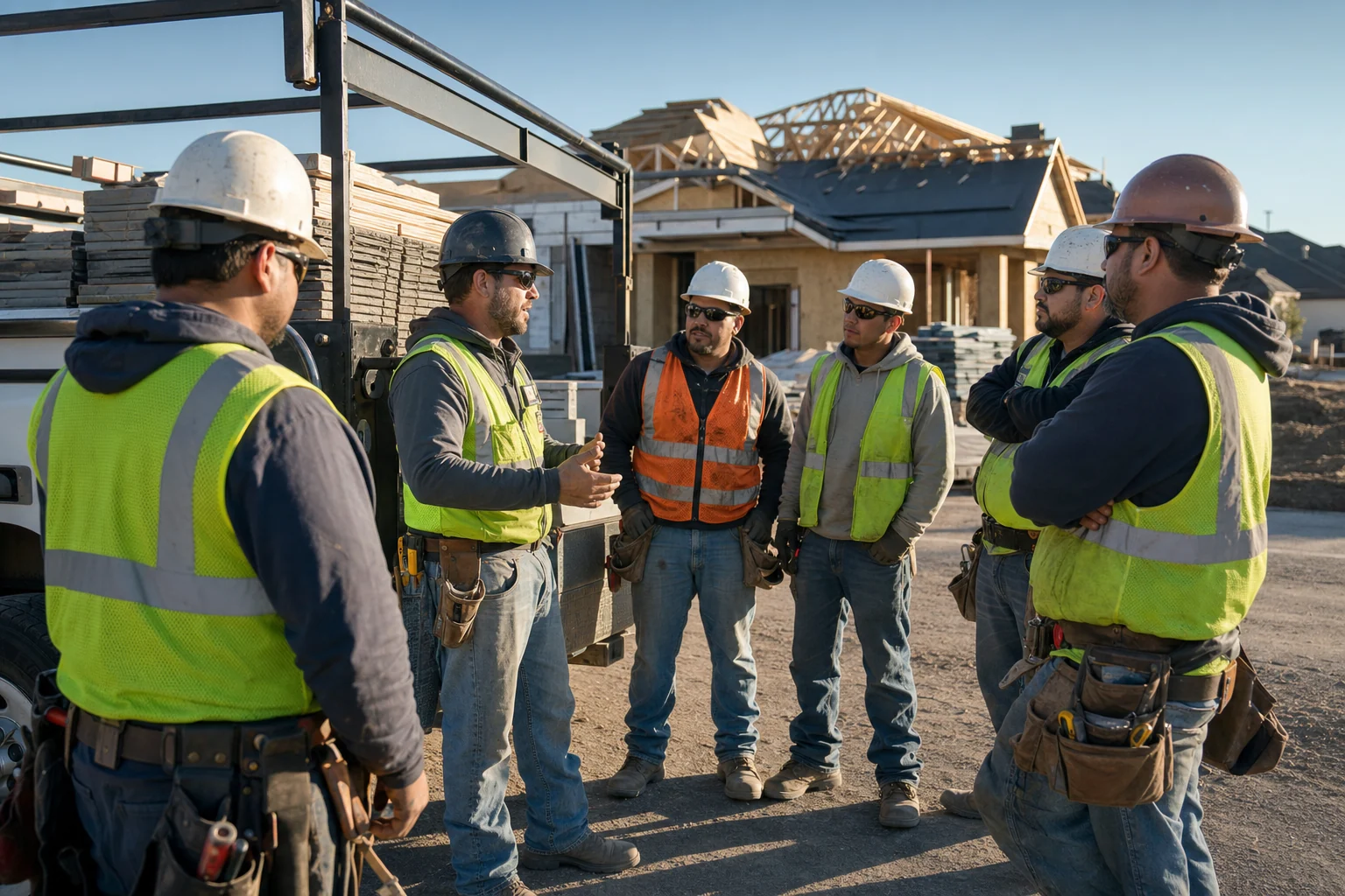 Impact roofing crew at a morning safety briefing