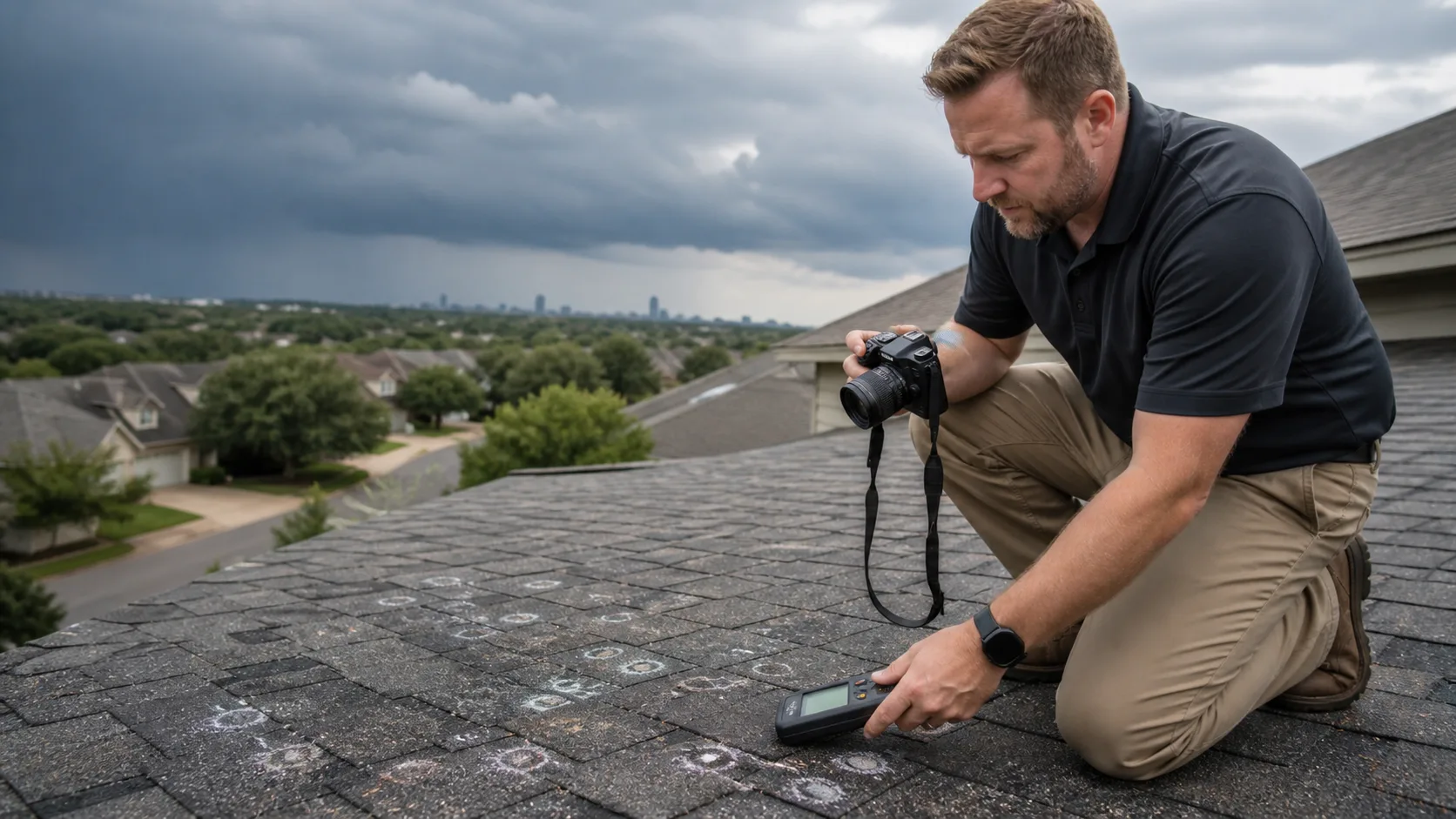Roofing professional documenting hail damage in Central Texas