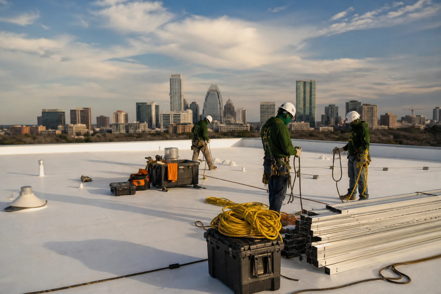 Commercial roofing team preparing a project