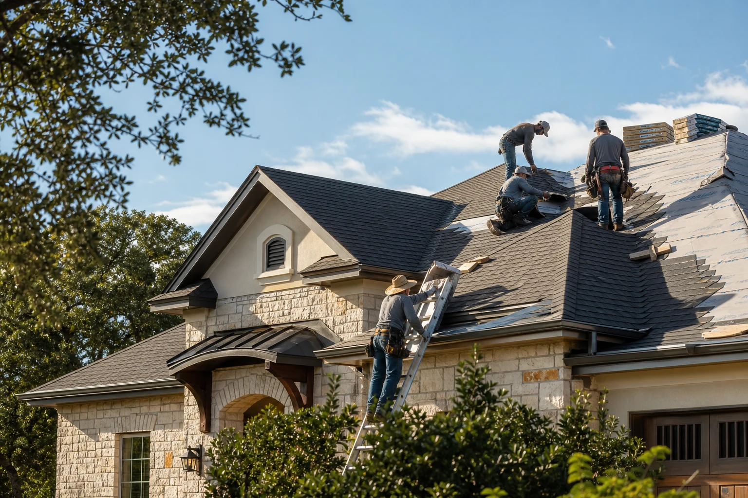 Central Texas rooftops and mature oak trees