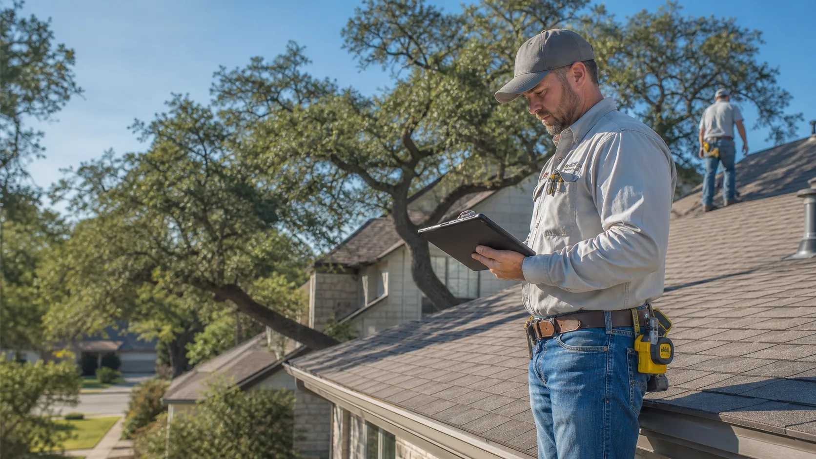 Roofing professional inspecting a Central Texas roof
