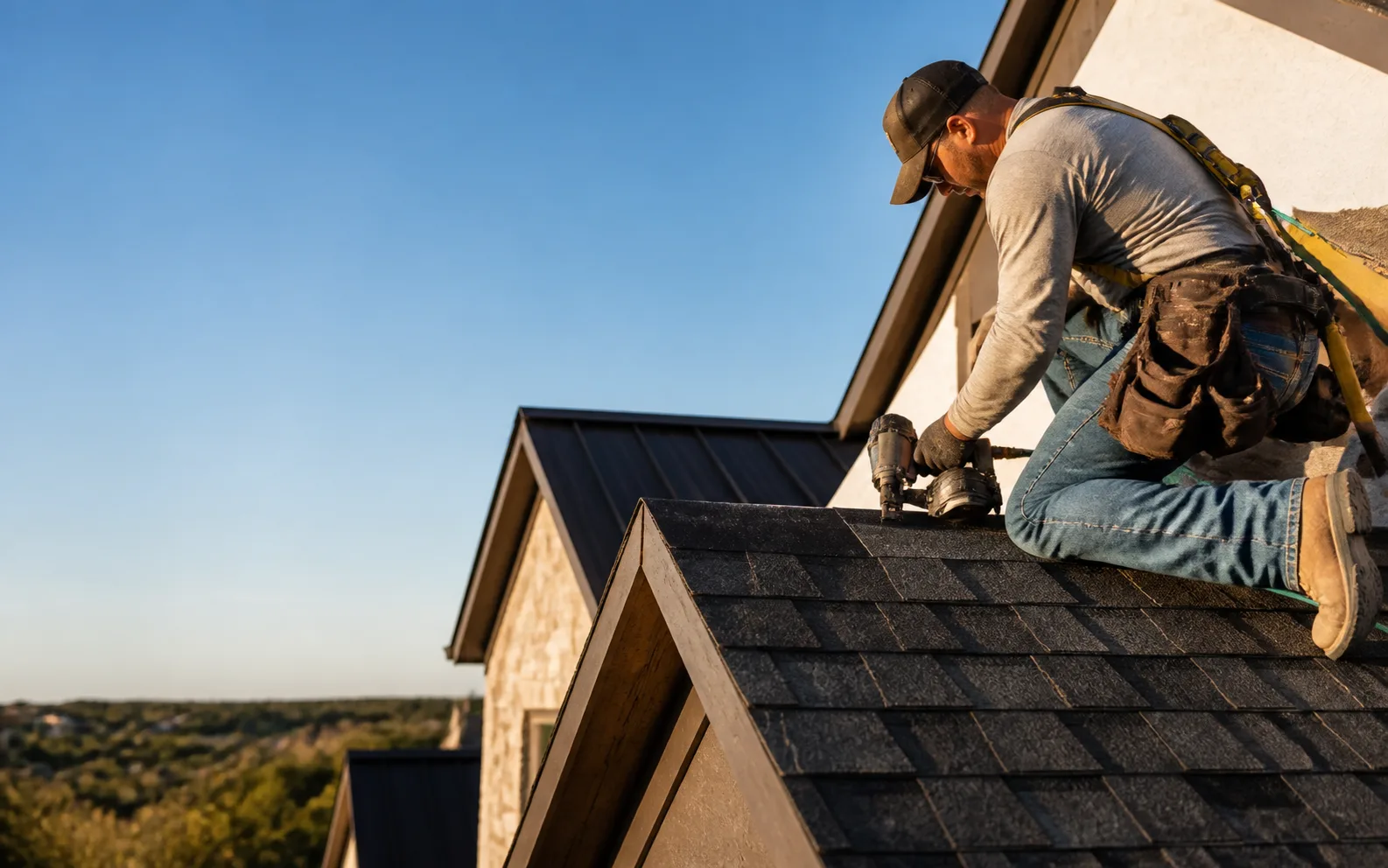 Roofing crew installing a new architectural shingle roof