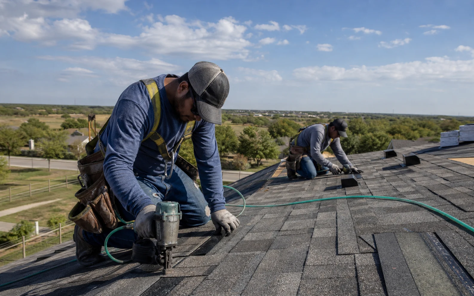 Equipo de techado trabajando en Manor, Texas