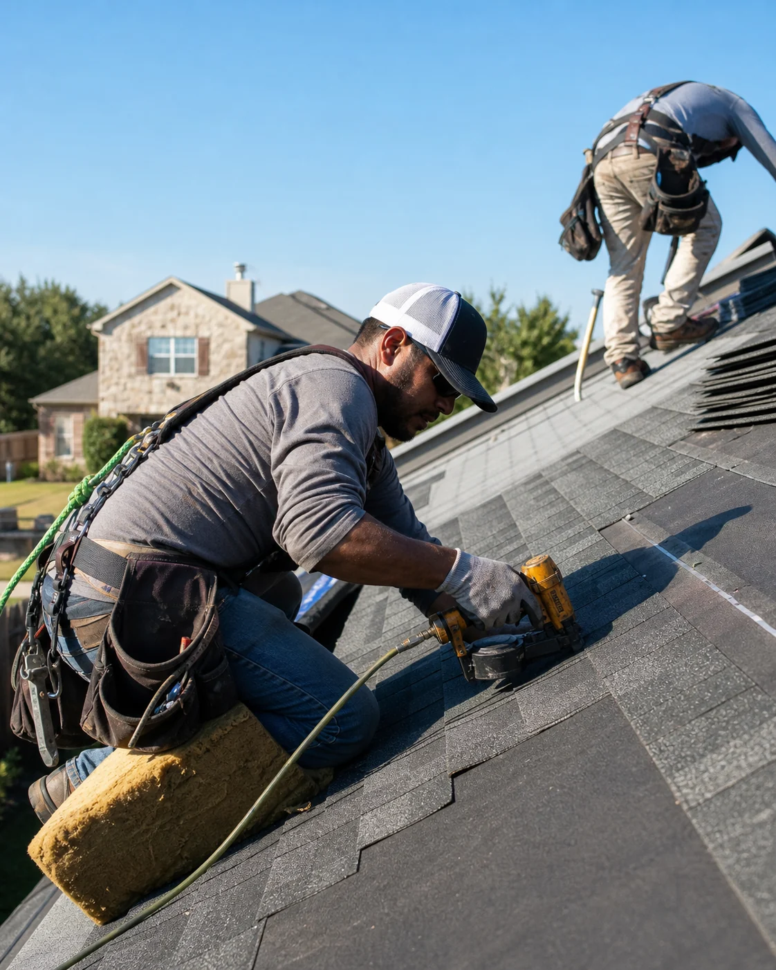 Roofing crew installing a new architectural shingle roof